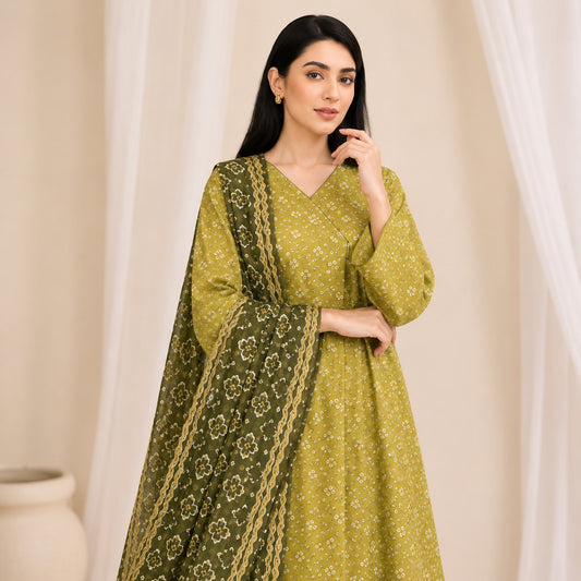 Kayseria Unstitched Olive Green Bandhani Printed Lawn 3-Piece Suit | Summer 2026