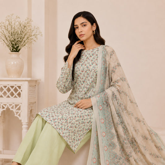 Al Karam Classic Pista Green White Floral Printed Lawn 3-Piece Suit | Summer 2026