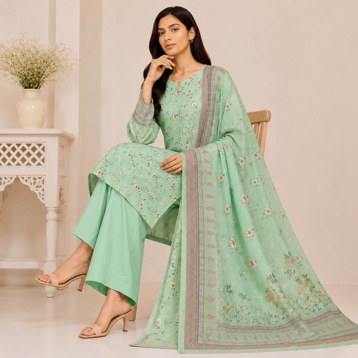 Al Karam Classic Pista Green White Floral Printed Lawn 3-Piece Suit | Summer 2026