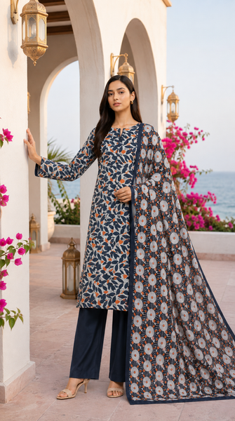 Al Karam Classic Navy Grey Leaf Printed Lawn Suit