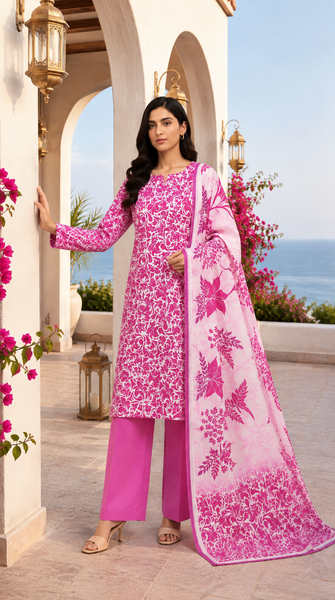 Al Karam Classic Shocking Pink Floral Swirl Lawn Suit