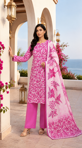 Al Karam Classic Shocking Pink Floral Swirl Lawn Suit