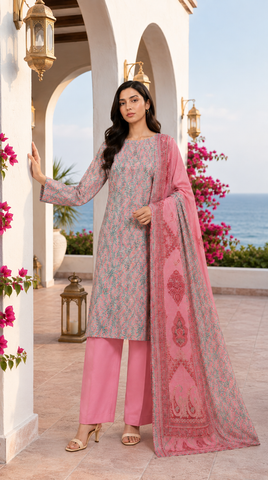 Al Karam Classic Pink Teal Floral Vine Lawn Suit