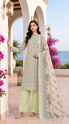 Al Karam Classic Mint Green Rose Floral Lawn Suit