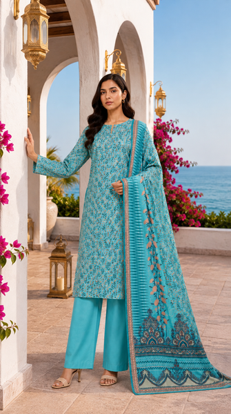 Al Karam Classic Teal Cyan Floral Lawn Suit