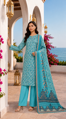 Al Karam Classic Teal Cyan Floral Lawn Suit