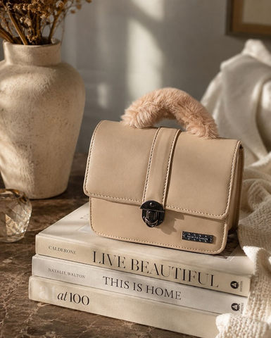 Beige Fur Handle Mini Handbag