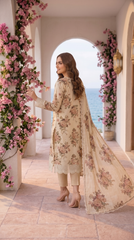 Bella 2 by Fatima Noor Cream Floral 3 Piece Unstitched Fancy Lawn Suit | Digital Print Embroidered Shirt with 4 Side Lace Dupatta & Plain Trouser