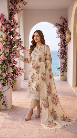 Bella 2 by Fatima Noor Cream Floral 3 Piece Unstitched Fancy Lawn Suit | Digital Print Embroidered Shirt with 4 Side Lace Dupatta & Plain Trouser