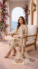 Bella 2 by Fatima Noor Cream Floral 3 Piece Unstitched Fancy Lawn Suit | Digital Print Embroidered Shirt with 4 Side Lace Dupatta & Plain Trouser