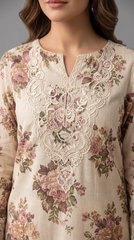 Bella 2 by Fatima Noor Cream Floral 3 Piece Unstitched Fancy Lawn Suit | Digital Print Embroidered Shirt with 4 Side Lace Dupatta & Plain Trouser