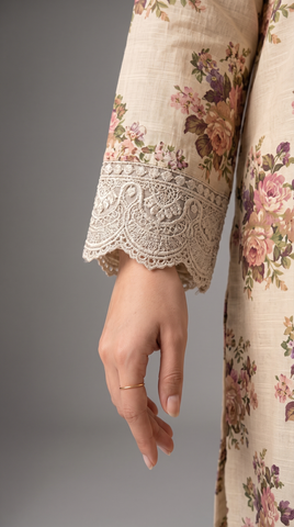 Bella 2 by Fatima Noor Cream Floral 3 Piece Unstitched Fancy Lawn Suit | Digital Print Embroidered Shirt with 4 Side Lace Dupatta & Plain Trouser