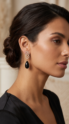 Black Onyx Swirl Teardrop Earrings | Gold Plated Statement Drop Earrings for Women