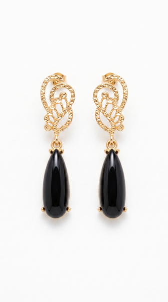 Black Onyx Swirl Teardrop Earrings | Gold Plated Statement Drop Earrings for Women