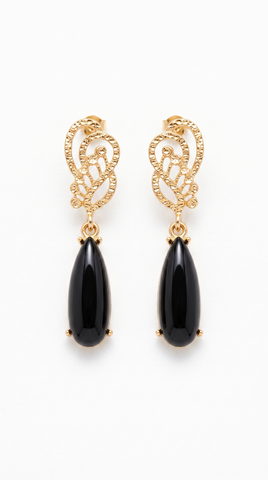 Black Onyx Swirl Teardrop Earrings | Gold Plated Statement Drop Earrings for Women