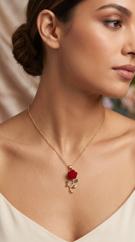 Red Rose Flower Pendant Necklace | Gold Plated Chain Necklace for Women