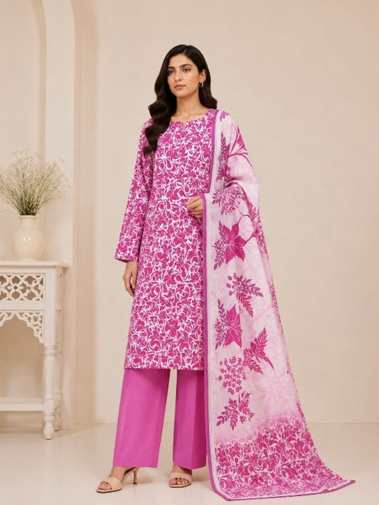 Al Karam Classic Shocking Pink Floral Swirl Printed Lawn 3-Piece Suit | Summer 2026