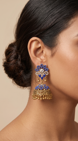 Antique Gold Royal Blue Jhumka Earrings | Traditional Pakistani Floral Jumoke with Beaded Danglers | Handcrafted Statement Earrings for Women