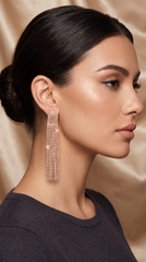 Rose Gold Crystal Fringe Tassel Earrings | Statement Rhinestone Long Dangle Earrings for Women