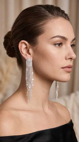 Silver Crystal Fringe Tassel Earrings | Statement Rhinestone Long Dangle Earrings for Women