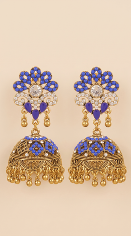 Antique Gold Royal Blue Jhumka Earrings | Traditional Pakistani Floral Jumoke with Beaded Danglers | Handcrafted Statement Earrings for Women
