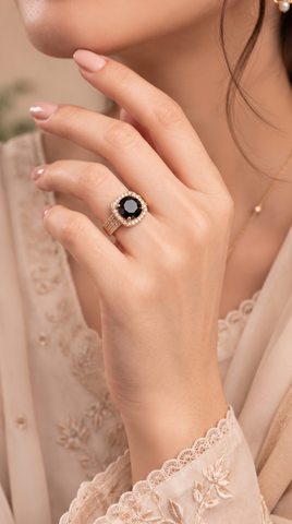 Rose Halo Ring Black Onyx | Rose Gold Plated Pave Band Ring for Women | Trendy Fashion Jewelry Pakistan