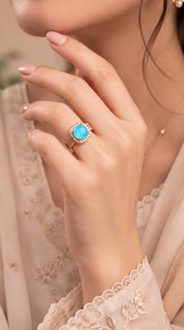 Rose Halo Ring Turquoise | Rose Gold Plated Pave Band Ring for Women | Trendy Fashion Jewelry Pakistan