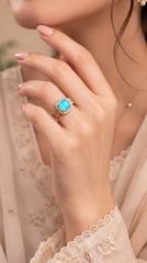 Rose Halo Ring Turquoise | Rose Gold Plated Pave Band Ring for Women | Trendy Fashion Jewelry Pakistan