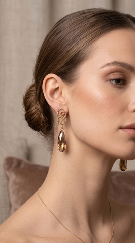 Smoky Topaz Swirl Teardrop Earrings | Gold Plated Crystal Drop Earrings for Women