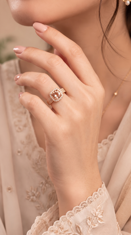 Rose Halo Ring Champagne | Rose Gold Plated Pave Band Ring for Women | Trendy Fashion Jewelry Pakistan