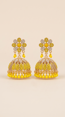 Antique Gold Yellow Jhumka Earrings | Traditional Pakistani Floral juhmka  with Beaded Danglers | Handcrafted Statement Earrings for Women