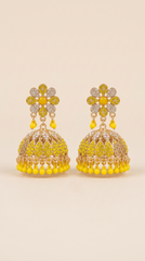 Antique Gold Yellow Jhumka Earrings | Traditional Pakistani Floral juhmka  with Beaded Danglers | Handcrafted Statement Earrings for Women