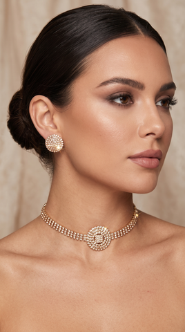 Gold Crystal Pave Choker Necklace Set