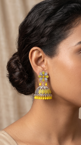Antique Gold Yellow Jhumka Earrings | Traditional Pakistani Floral juhmka  with Beaded Danglers | Handcrafted Statement Earrings for Women