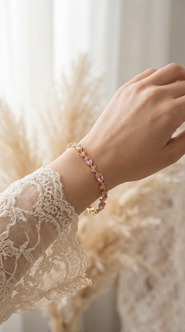 Rose Pink Tulip Vine Bracelet | Gold Plated Crystal Charm Bracelet for Women