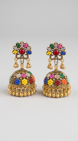 Antique Gold Multicolor Jhumka Earrings | Traditional Pakistani Floral Jhumki with Beaded Danglers | Handcrafted Statement Earrings for Women