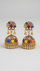 Antique Gold Multicolor Jhumka Earrings | Traditional Pakistani Floral Jhumki with Beaded Danglers | Handcrafted Statement Earrings for Women