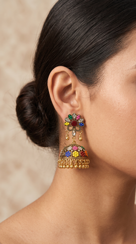 Antique Gold Multicolor Jhumka Earrings | Traditional Pakistani Floral Jhumki with Beaded Danglers | Handcrafted Statement Earrings for Women