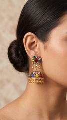 Antique Gold Multicolor Jhumka Earrings | Traditional Pakistani Floral Jhumki with Beaded Danglers | Handcrafted Statement Earrings for Women