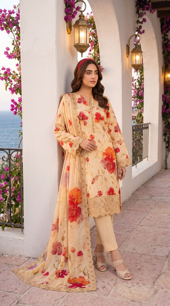 Amina B by M Riaz Arts Gul Dozy 02 Vol-505 Article-01 Cream Red Floral Embroidered 3 Piece Unstitched Lawn Suit