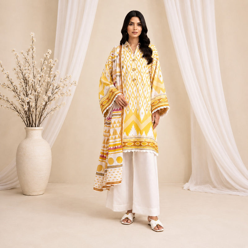 Bonanza Satrangi KAI White & Yellow Ikat Geometric Printed Lawn 3-Piece Suit | Summer 2026
