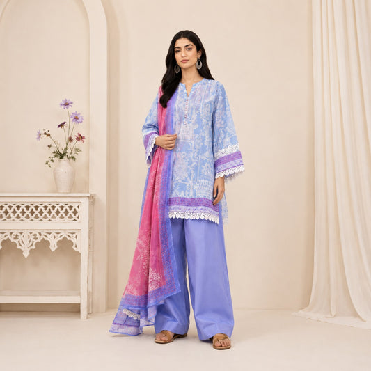 Bonanza Satrangi KAI Sky Blue Floral Printed Lawn 3-Piece Suit | Summer 2026