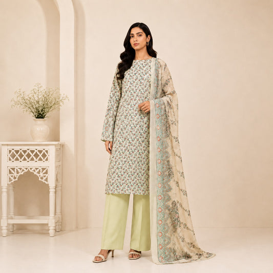 Al Karam Classic Pista Green White Floral Printed Lawn 3-Piece Suit | Summer 2026