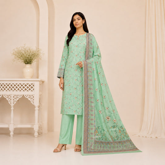 Al Karam Classic Pista Green White Floral Printed Lawn 3-Piece Suit | Summer 2026