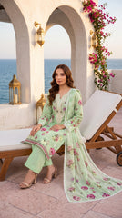 Laiba Collection Vol-735 Mint Green Floral 3 Piece Unstitched Premium Lawn Suit Art-06 | Digital Print Embroidery Shirt with Milky Lace Dupatta