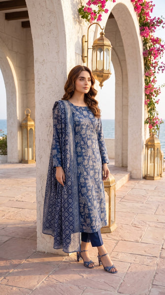 Bin Saeed Navy Blue Floral Geometric Lawn Suit