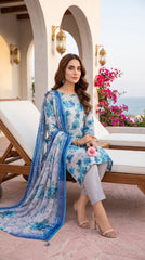 M Line Grey Blue Rose Print Lawn Suit