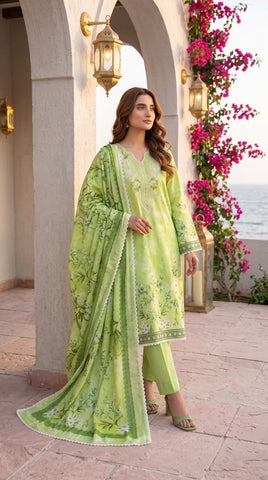 Meeraki by Laiba Collection Vol-717 Art-03 Lime Green Floral 2 Piece Unstitched Premium Lawn Suit | Digital Print Embroidery Shirt with Milky Lace Dupatta