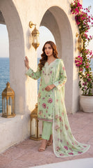 Laiba Collection Vol-735 Mint Green Floral 3 Piece Unstitched Premium Lawn Suit Art-06 | Digital Print Embroidery Shirt with Milky Lace Dupatta