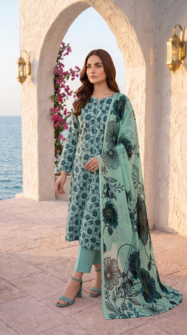 M Line Sea Green Floral Lawn Suit